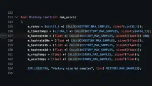 Open-source Bitcoin mining firmware source code from the Bitfortun BS-1 repository, main/history.cpp lines 152 to 165, with line 157 adding 400 to a freshly allocated hashrate buffer