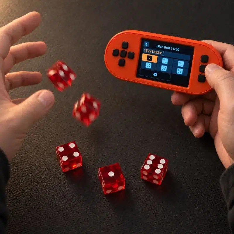 Five red casino-grade d6 dice being rolled for SeedSigner Bitcoin seed phrase entropy generation