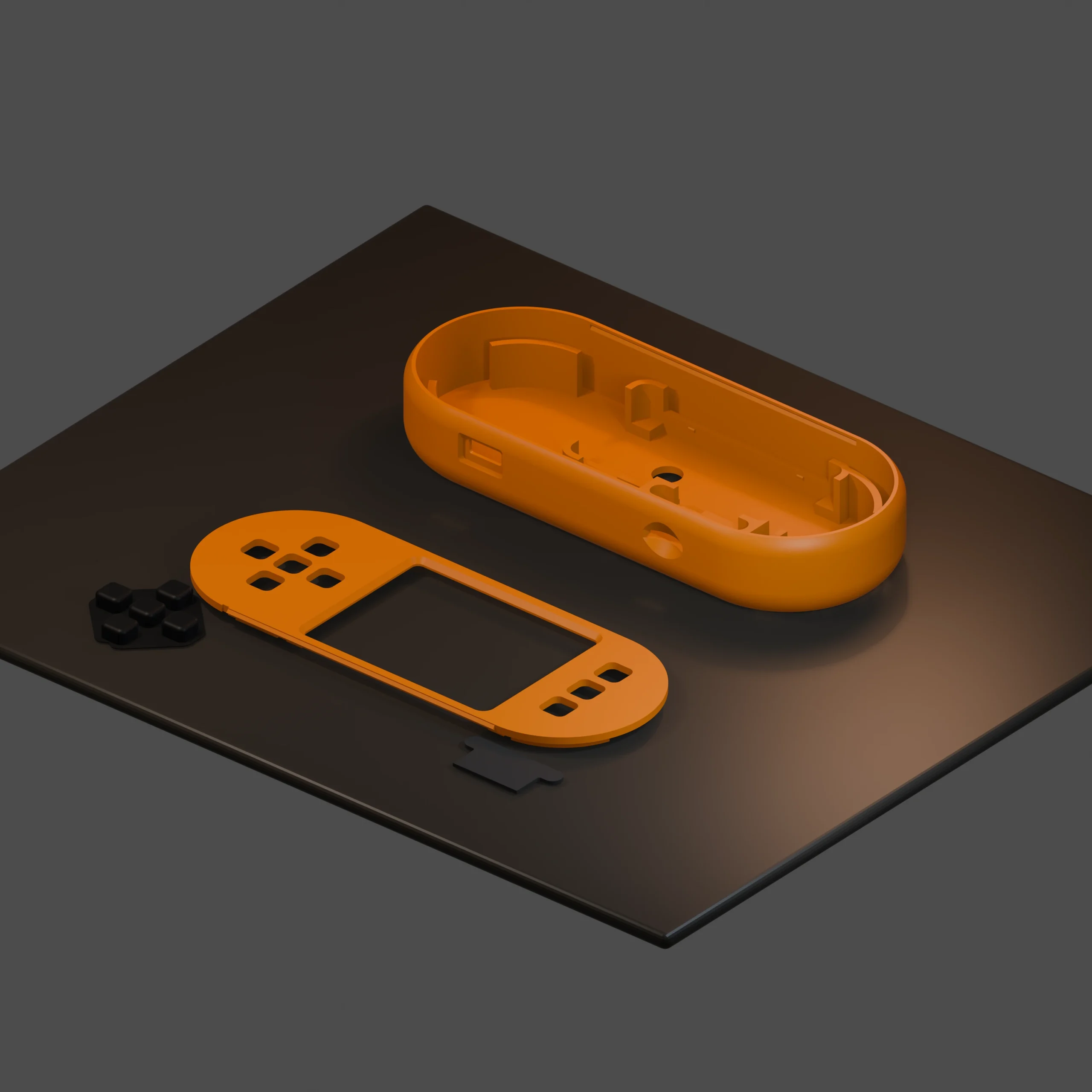 SeedSigner+ main enclosure, front lid, D-pad and shim STL parts on a printer build plate