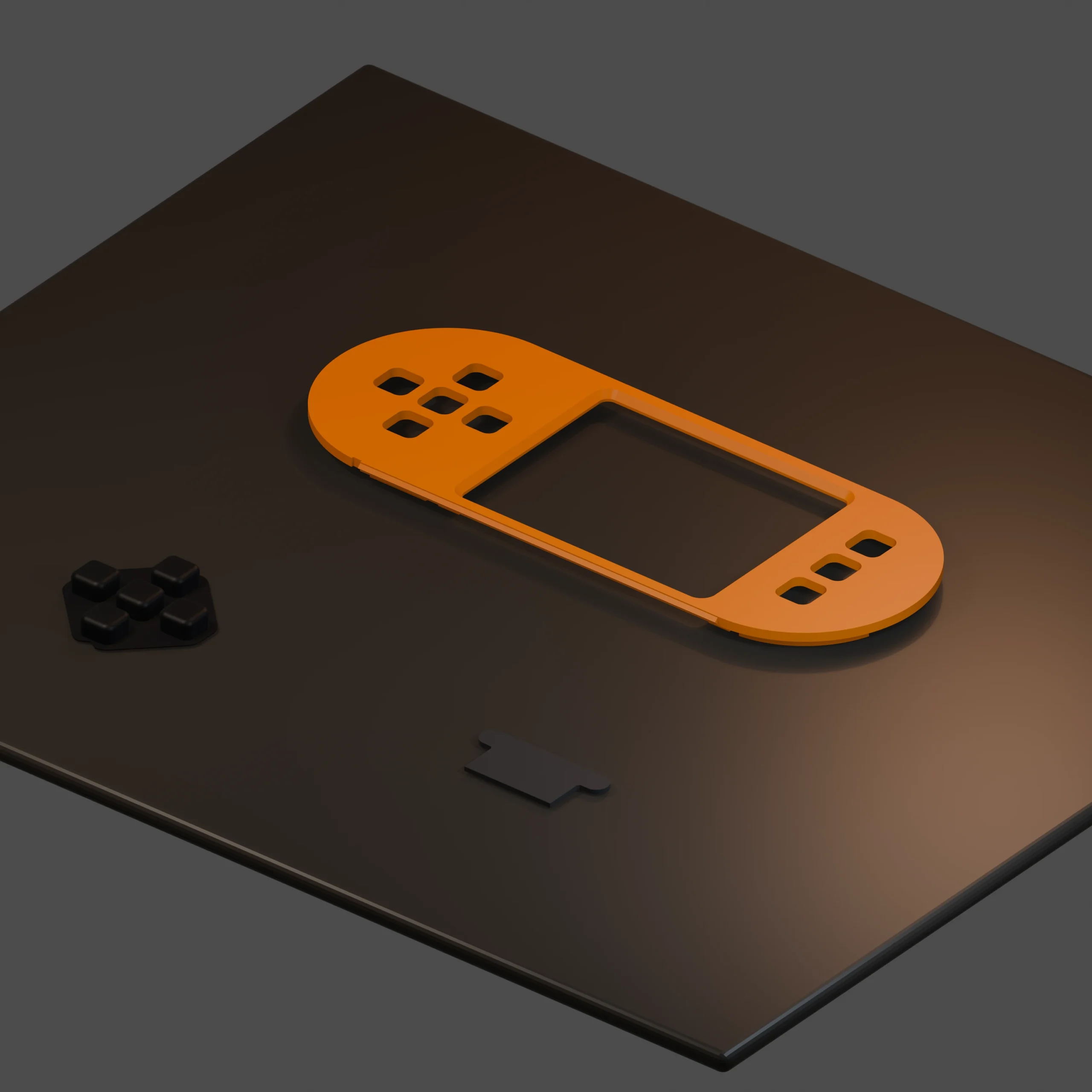 SeedSigner+ front lid, black D-pad and gray shim STL models on a printer build plate
