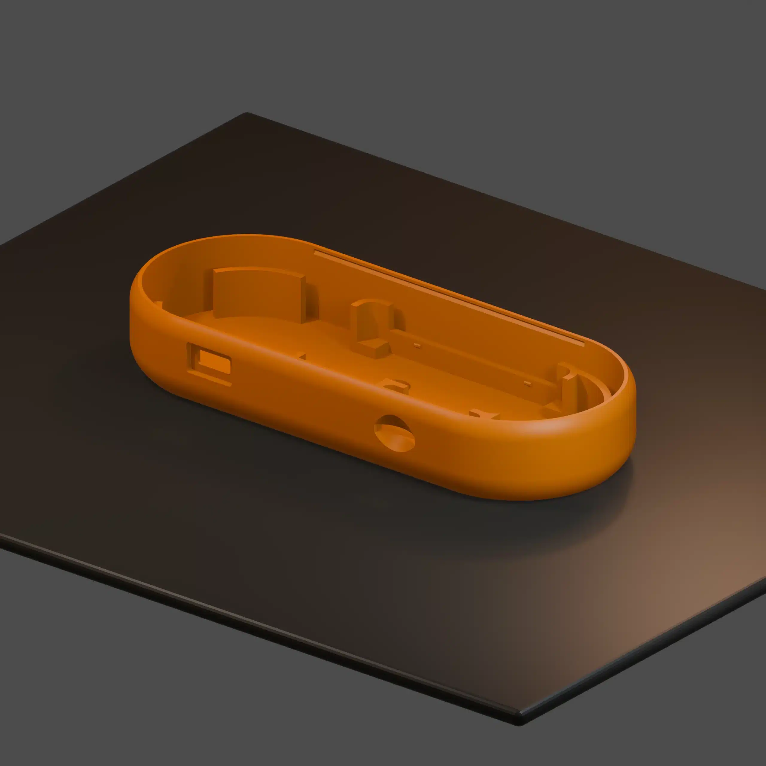 Orange SeedSigner+ main enclosure STL model on a printer build plate